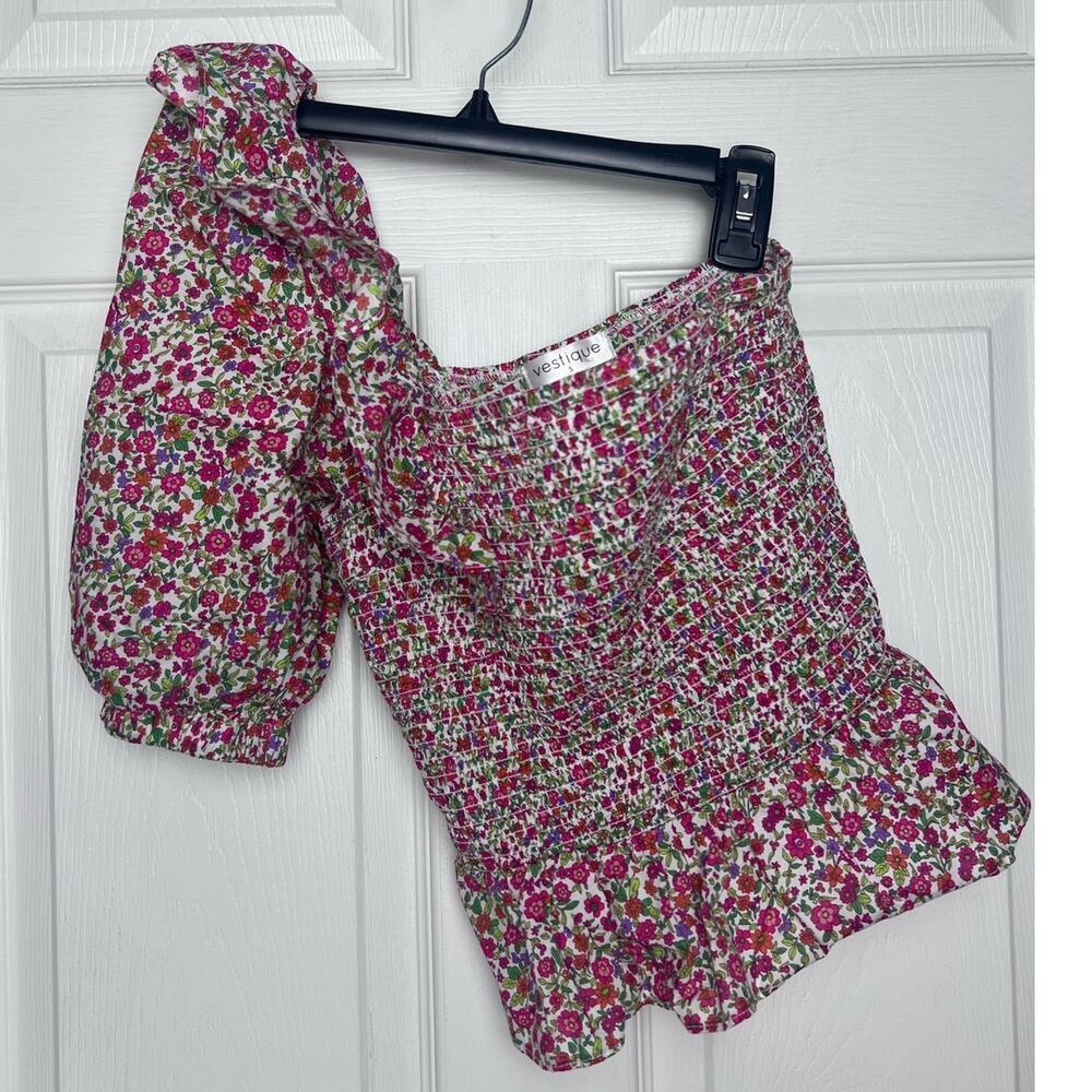 Dainty Pink Floral Pattern Smocked One Sleeve Top Size S Cottage Whimsical